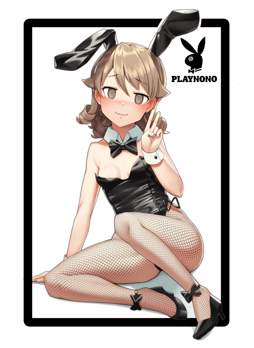 1girl @_@ absurdres animal_ears black_footwear black_leotard black_neckwear blush bow bowtie breasts brown_eyes bunny_ears bunny_girl bunny_tail bunnysuit detached_collar drill_hair fishnet_pantyhose fishnets goback high_heels highres idolmaster idolmaster_cinderella_girls leotard light_brown_hair logo_parody long_hair morikubo_nono nose_blush pantyhose playboy simple_background sitting small_breasts solo strapless strapless_leotard tail v white_background wrist_cuffs yokozuwari