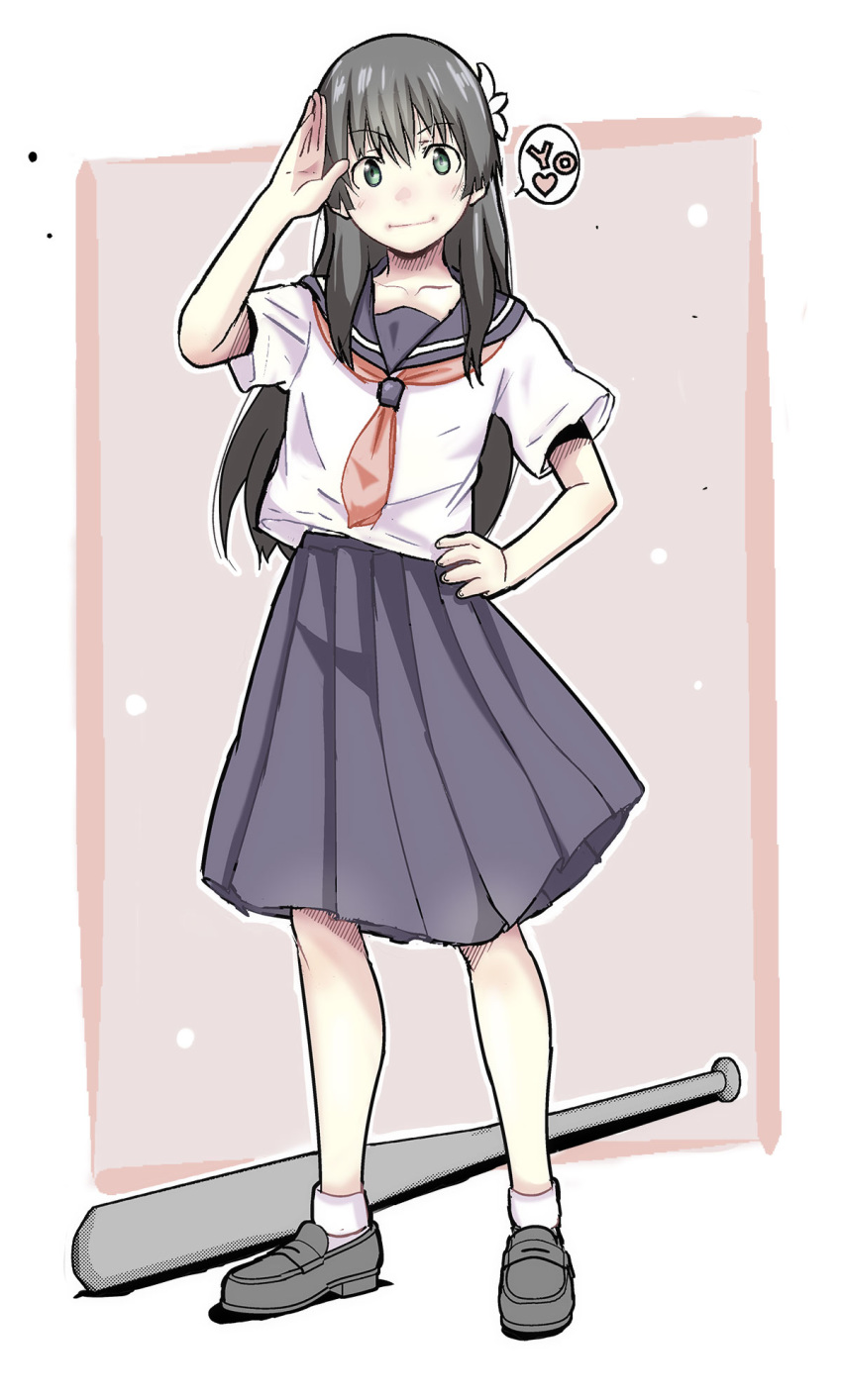 1girl baseball_bat black_footwear black_hair blue_sailor_collar blue_skirt commentary_request flower full_body green_eyes hair_flower hair_ornament heart highres loafers long_hair long_skirt neckerchief niea pleated_skirt red_neckwear sailor_collar sakugawa_school_uniform salute saten_ruiko school_uniform serafuku shoes skirt socks solo spoken_heart to_aru_kagaku_no_railgun to_aru_majutsu_no_index white_background white_legwear