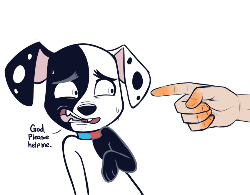 101_dalmatian_street 101_dalmatians 2019 better_version_at_source canid canine canis cheeto_dust dalmatian deepak_(101_dalmatians) dialogue disembodied_hand disney domestic_dog duo english_text higgly_town_hero human male mammal panic solo_focus text