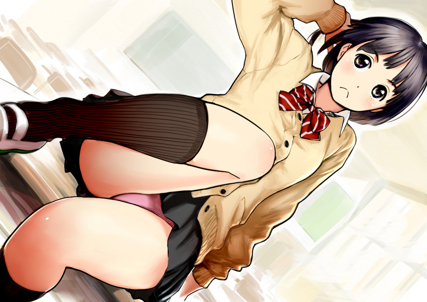 black_hair bow kneehighs original panties purple_eyes seifuku short_hair skirt twinpoo underwear waifu2x