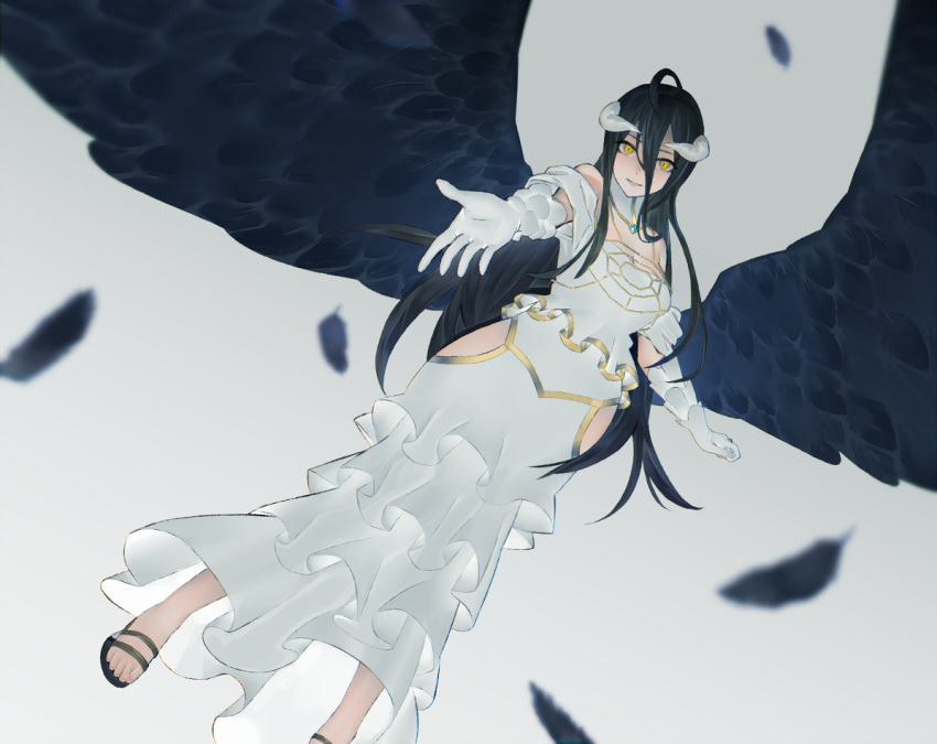 1girl ahoge albedo bare_shoulders black_hair black_wings breasts cleavage commentary commentary_request demon_girl demon_horns demon_wings dress feathered_wings feet gloves hair_between_eyes horns large_breasts long_hair looking_at_viewer mi8pq open_mouth overlord_(maruyama) slit_pupils smile solo white_dress white_gloves wings yellow_eyes