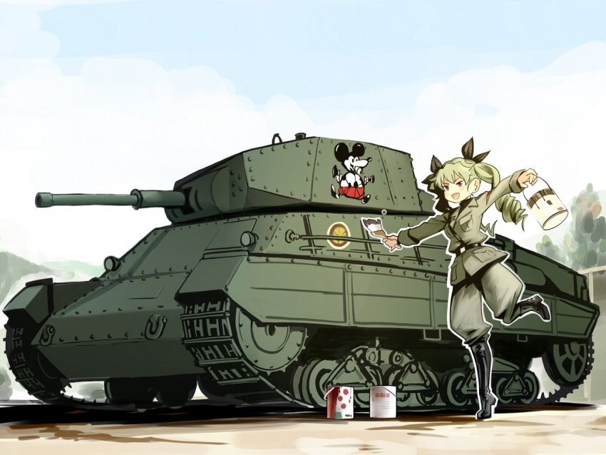 anchovy boots brown_eyes combat_vehicle girls_und_panzer green_hair long_hair twinpoo twintails uniform waifu2x