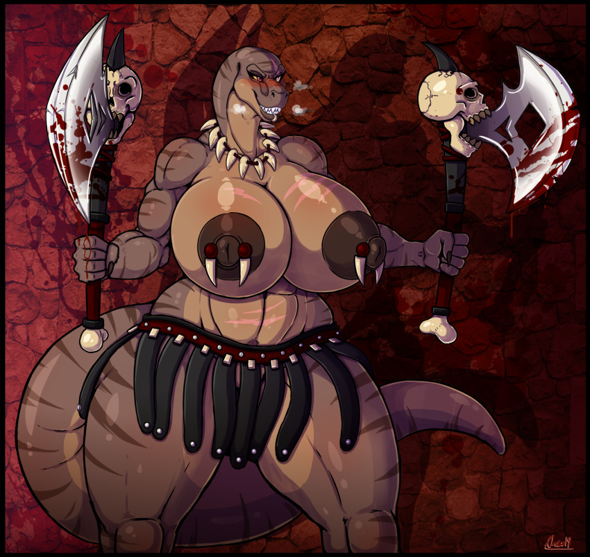 anthro axe big_breasts blood blush bodily_fluids breasts dinosaur facial_piercing female hi_res huge_breasts jewelry lip_piercing melee_weapon necklace nipple_piercing nipples oblivionrising piercing reptile scalie scar sharp_teeth skull teeth theropod tyrannosaurid tyrannosaurus tyrannosaurus_rex weapon