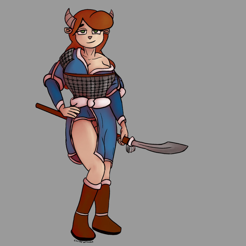 1:1 2019 5_fingers anthro boots bovid breasts callmewritefag caprine chun-ni cleavage clothed clothing digital_media_(artwork) female fingers footwear fur goat green_eyes grey_background hair hand_on_hip hi_res holding_object holding_weapon horn looking_at_viewer mammal mature_female miracle_star simple_background smile solo standing weapon