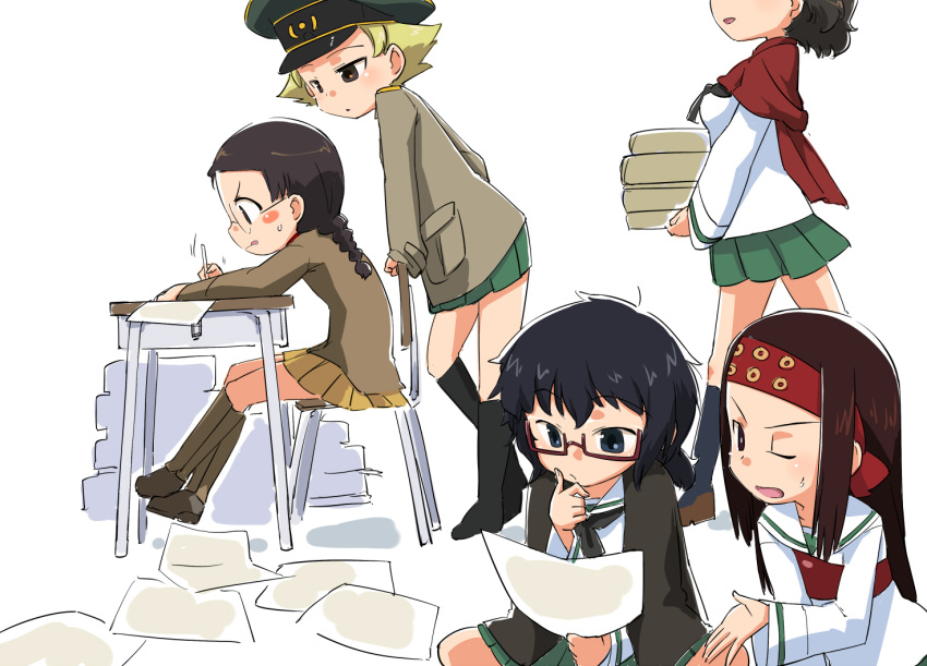 5girls :q arm_support bangs black_eyes black_footwear black_hair black_jacket black_legwear black_neckwear blonde_hair blouse blush_stickers boots braid brown_eyes brown_footwear brown_hair brown_jacket caesar_(girls_und_panzer) chair chi-hatan_military_uniform desk erwin_(girls_und_panzer) eyebrows_visible_through_hair fukuda_(girls_und_panzer) gesture girls_und_panzer glasses green_headwear green_skirt hamahara_yoshio hand_on_own_chin haori hat head_out_of_frame headband holding holding_paper holding_pen jacket jacket_on_shoulders japanese_clothes knee_boots leaning_forward loafers long_hair long_sleeves looking_at_another medium_hair messy_hair military military_hat military_jacket military_uniform miniskirt motion_lines multiple_girls muneate neckerchief one_eye_closed ooarai_school_uniform oryou_(girls_und_panzer) paper peaked_cap pen pleated_skirt pointy_hair red-framed_eyewear red_headband red_scarf round_eyewear saemonza scarf school_chair school_desk school_uniform semi-rimless_eyewear serafuku shoes short_hair short_ponytail sitting skirt socks standing sweatdrop tongue tongue_out under-rim_eyewear uniform walking white_bag white_blouse writing yellow_skirt