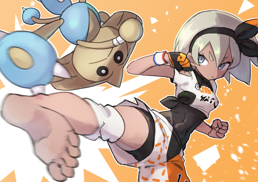 barefoot blue_eyes bodysuit dark_skin gazacy_(dai) gloves gray_hair headband hitmontop kick orange pokemon saitou_(pokemon) short_hair shorts wristwear