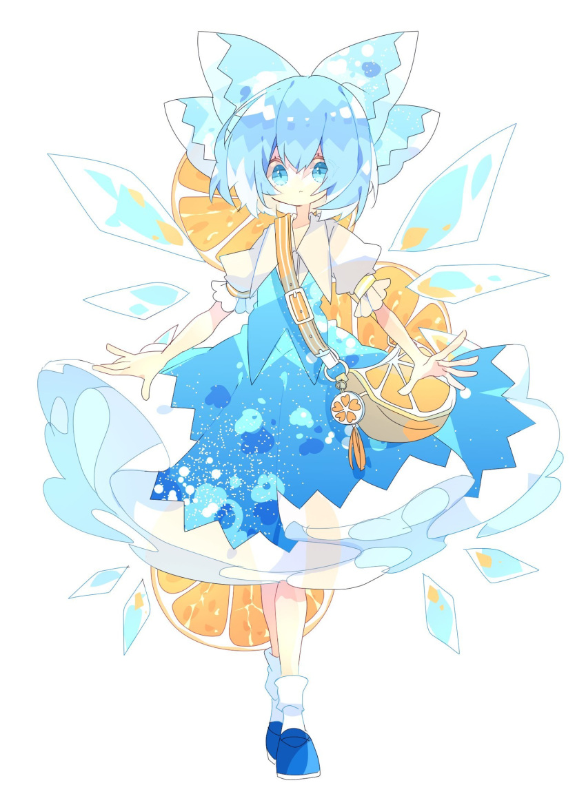 1girl :&lt; bag bangs blue_bow blue_eyes blue_footwear blue_hair blue_skirt blue_vest bow cirno commentary_request fairy_wings food food_themed_bag frilled_sleeves frills fruit full_body hair_bow handbag highres ice ice_wings lemon lemon_slice looking_ahead medium_skirt nikorashi-ka puffy_sleeves short_sleeves simple_background skirt skirt_set socks solo standing touhou vest white_background white_legwear wings