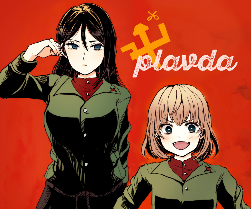 2girls adjusting_hair arai_ako bangs black_hair blonde_hair blush bright_pupils emblem fangs frown girls_und_panzer highres katyusha long_hair long_sleeves looking_at_viewer multiple_girls nonna open_mouth pravda_(emblem) pravda_military_uniform red_background short_hair simple_background skirt smile tongue v-shaped_eyebrows white_pupils