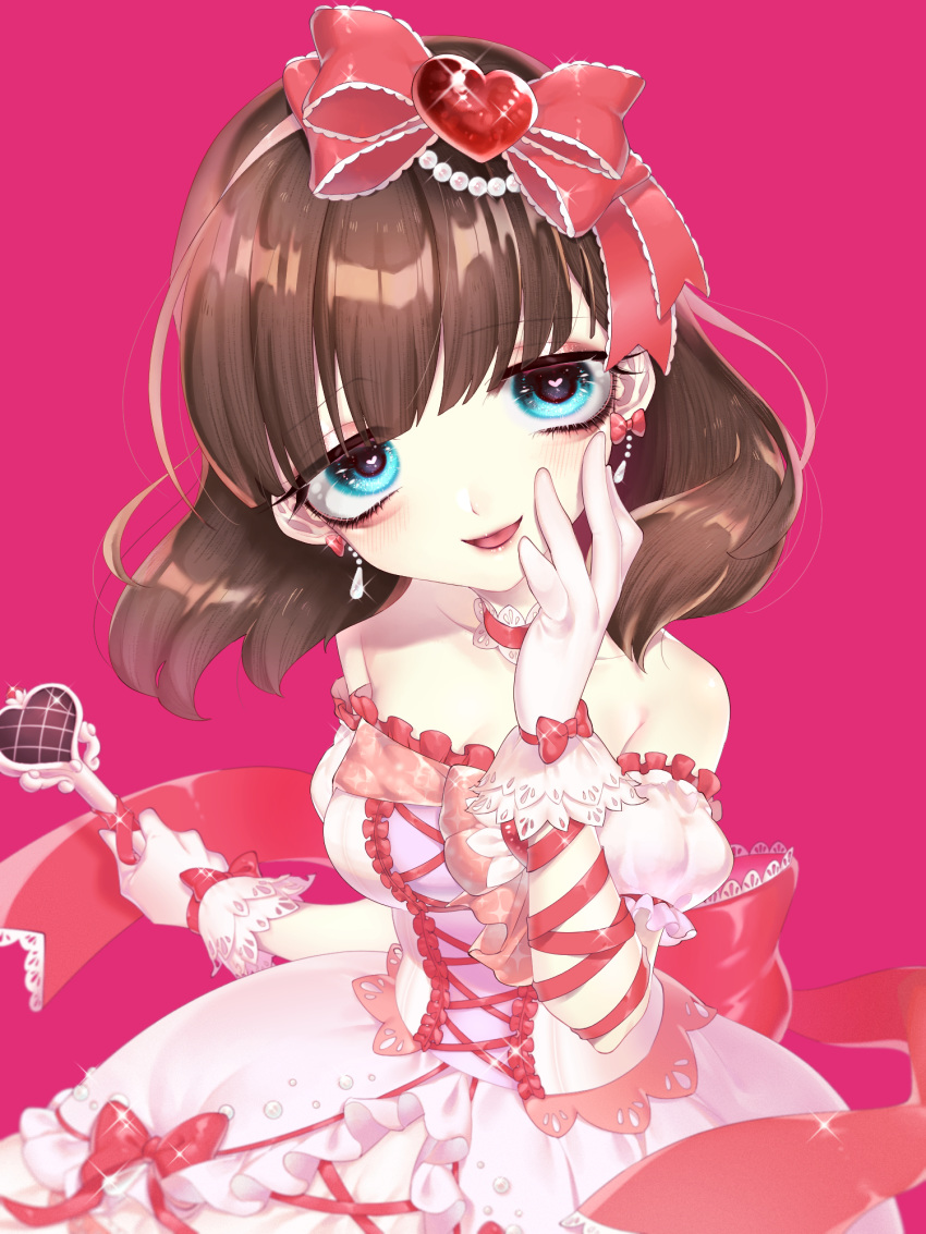 1girl :d aqua_eyes arm_at_side arm_ribbon back_bow bangs bare_shoulders blunt_bangs blurry blush bow bow_earrings breasts brown_hair choker cleavage collarbone cross-laced_clothes depth_of_field detached_sleeves dress dress_bow earrings eyebrows_visible_through_hair eyelashes frilled_dress frills glove_bow gloves hair_bow hand_on_own_face head_tilt heart heart_in_eye highres holding holding_microphone huge_bow idolmaster idolmaster_cinderella_girls jewelry lace lace-trimmed_choker lace-trimmed_dress lace-trimmed_gloves lace_trim layered_dress lipstick looking_at_viewer makeup medium_breasts microphone open_mouth pearl_(gemstone) pink_background pink_dress puffy_short_sleeves puffy_sleeves red_bow red_choker red_ribbon ribbon sakuma_mayu shinonome_(delus1on) short_hair short_sleeves simple_background smile solo sparkle strapless strapless_dress symbol_in_eye underskirt upper_body wavy_hair white_gloves