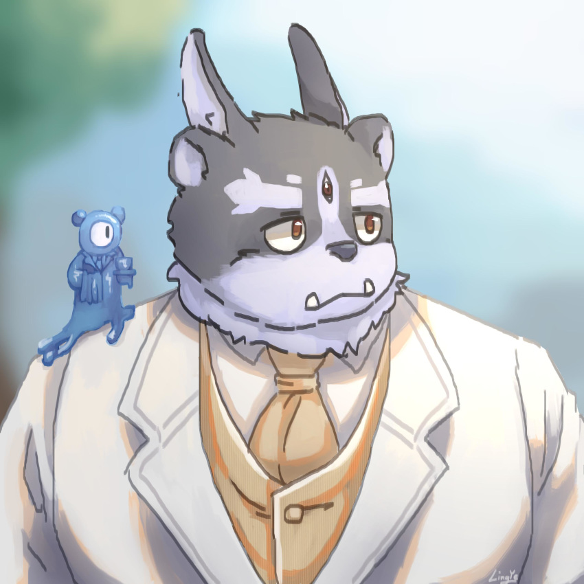 1:1 2019 absurd_res anthro clothing duo hi_res lingye male necktie shirt suit tokyo_afterschool_summoners topwear tsathoggua video_games
