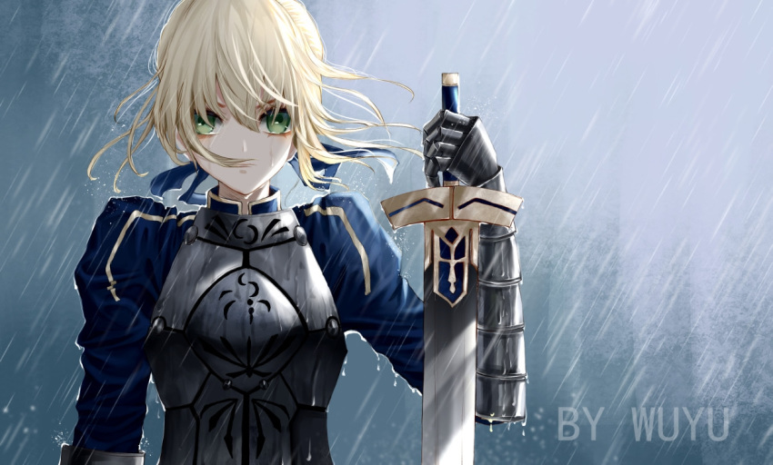 1girl ahoge armor armored_dress artist_name artoria_pendragon_(all) blonde_hair breasts commentary dress excalibur fate/stay_night fate_(series) gauntlets green_eyes hair_ornament hair_ribbon holding holding_sword holding_weapon looking_at_viewer puffy_sleeves rain ribbon saber short_hair solo sword weapon wet wet_clothes wet_hair wuyu