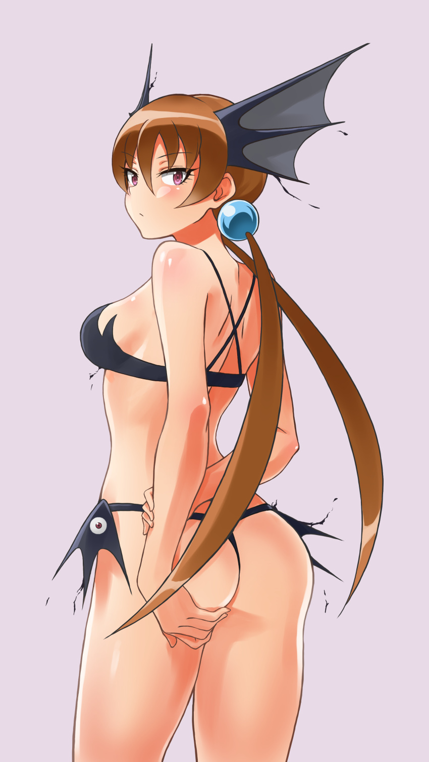 1girl absurdres alisa_southerncross animal_ears ass bare_arms bare_shoulders bikini black_bikini blue_eyes breasts commentary_request eyebrows_visible_through_hair grey_background hair_between_eyes hair_ornament hand_on_own_ass head_fins highres keroro_gunsou long_hair looking_at_viewer mo3hig3 orange_hair simple_background solo swimsuit twintails