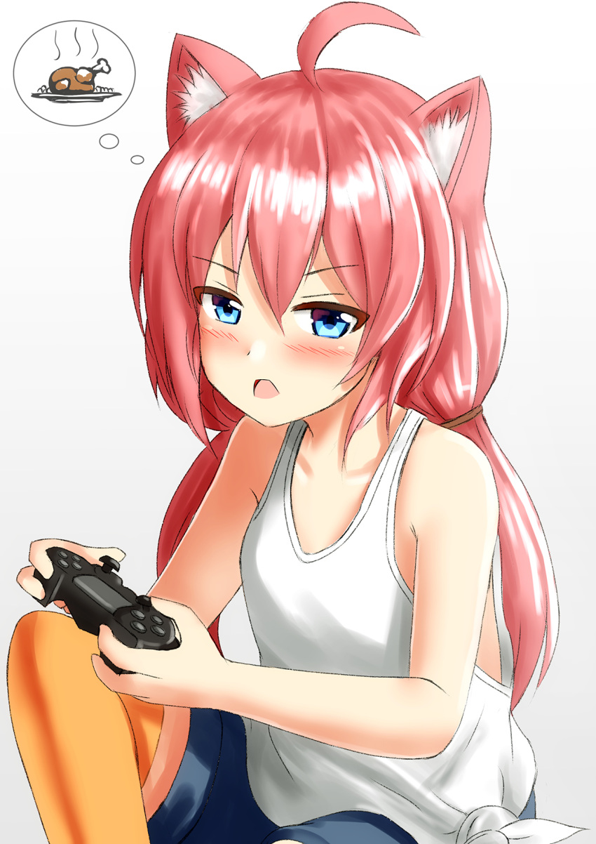 1girl ahoge animal_ear_fluff animal_ears arlly_radithia bangs bare_arms bare_shoulders black_shorts blue_eyes blush breasts cat_ears collarbone commentary_request controller eyebrows_visible_through_hair game_controller gradient gradient_background grey_background hair_between_eyes highres hinata_channel holding long_hair looking_at_viewer low_twintails nekomiya_hinata open_mouth orange_legwear pink_hair short_shorts shorts sitting small_breasts solo spoken_food tank_top thighhighs thought_bubble twintails v-shaped_eyebrows very_long_hair virtual_youtuber white_background white_tank_top
