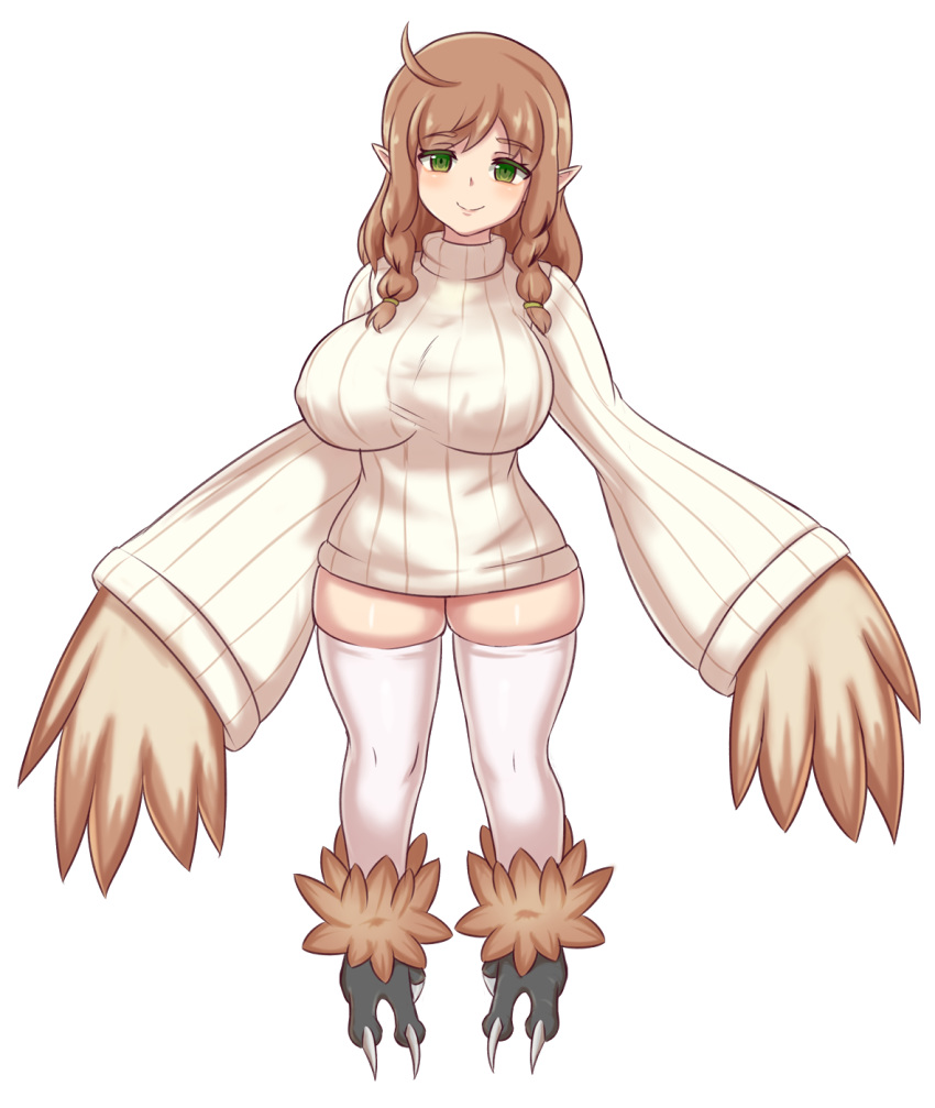 2019 animal_humanoid avian avian_humanoid big_breasts braided_hair breasts brown_hair clothing feathered_wings feathers female front_view green_eyes hair harpy hi_res humanoid humanoid_pointy_ears legwear looking_at_viewer nipple_outline simple_background smile solo sweater talons thatnav thigh_highs topwear white_background wings