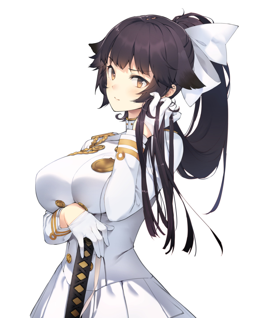 1girl aiguillette azur_lane black_hair blush bow breasts brown_eyes buttons coat cowboy_shot eho_(icbm) eyebrows_visible_through_hair gloves hair_bow hair_flaps hand_in_hair hand_on_hilt highres katana large_breasts long_hair long_sleeves looking_at_viewer military military_uniform ponytail simple_background skirt solo sword takao_(azur_lane) taut_clothes uniform weapon white_background white_bow white_coat white_gloves white_skirt