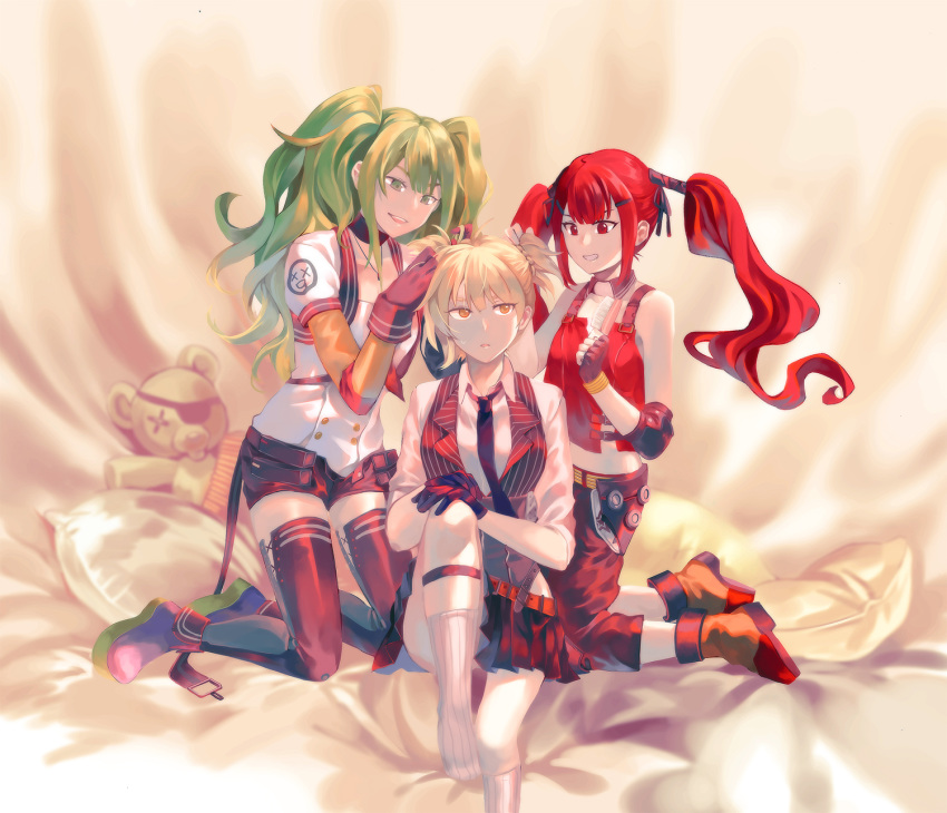 3girls artist_request blanket blonde_hair cz-75_(girls_frontline) english_commentary fingerless_gloves girls_frontline gloves green_eyes green_hair highres m950a_(girls_frontline) multiple_girls pillow red_eyes red_hair shoes shorts sleepover socks stuffed_animal stuffed_toy teddy_bear thighhighs twintails welrod_mk2_(girls_frontline) yellow_eyes