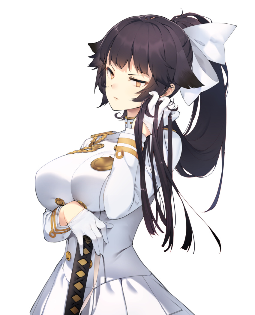 1girl aiguillette azur_lane black_hair bow breasts brown_eyes buttons coat cowboy_shot eho_(icbm) glaring gloves hair_bow hair_flaps hand_in_hair hand_on_hilt highres katana large_breasts long_hair long_sleeves looking_at_viewer military military_uniform ponytail simple_background skirt solo sword takao_(azur_lane) taut_clothes uniform weapon white_background white_bow white_coat white_gloves white_skirt