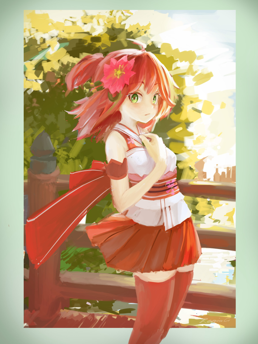 1girl absurdres ahoge bare_shoulders belt belt_buckle buckle cherry_blossom_print cherry_blossoms fence flower gain_er green_eyes hair_ornament hand_on_own_chest highres hololive leaf looking_at_viewer miniskirt nontraditional_miko outdoors pink_hair ponytail red_hair sakura_miko skirt solo tagme thighhighs virtual_youtuber zettai_ryouiki