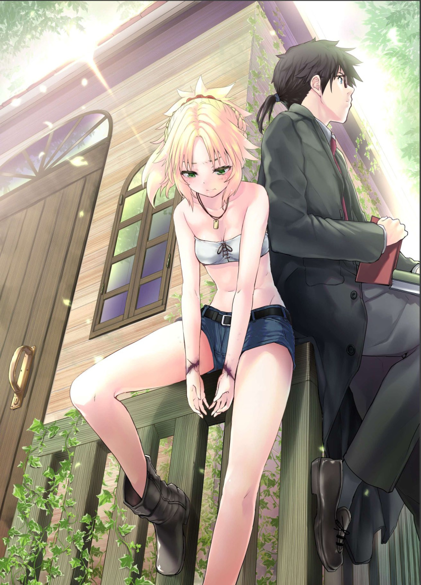 1boy 1girl bare_arms bare_shoulders belt black_belt black_hair black_jacket blonde_hair blush braid breasts character_request cleavage collarbone commentary_request day door fate/grand_order fate_(series) from_below glasses green_eyes hair_ornament hair_scrunchie highres holding jacket long_hair mordred_(fate) mordred_(fate)_(all) mozu_(peth) outdoors ponytail red_scrunchie scar scrunchie short_shorts shorts small_breasts tree window