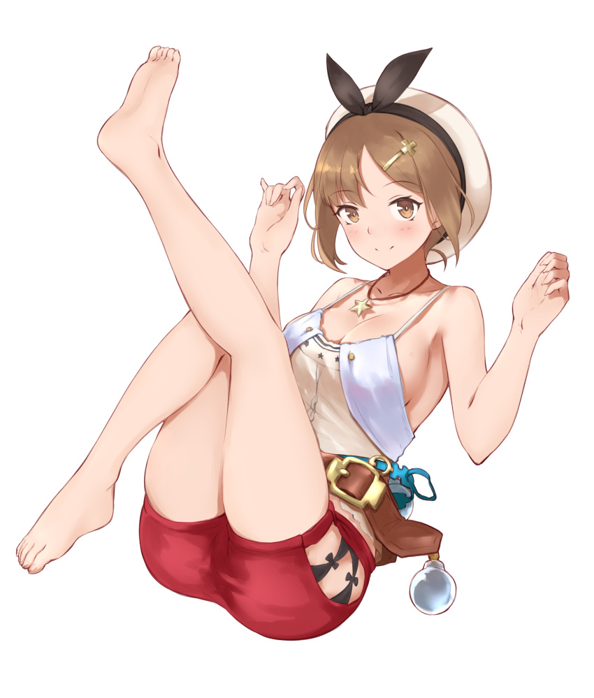 1girl atelier_(series) atelier_ryza bare_arms bare_legs bare_shoulders barefoot belt blonde_hair blush breasts brown_belt brown_eyes brown_hair cleavage collarbone commentary_request eyebrows_visible_through_hair full_body hair_ornament hairclip hat highres jewelry jilu large_breasts long_hair looking_at_viewer lyza necklace red_shorts short_hair short_shorts shorts simple_background smile solo white_background white_headwear