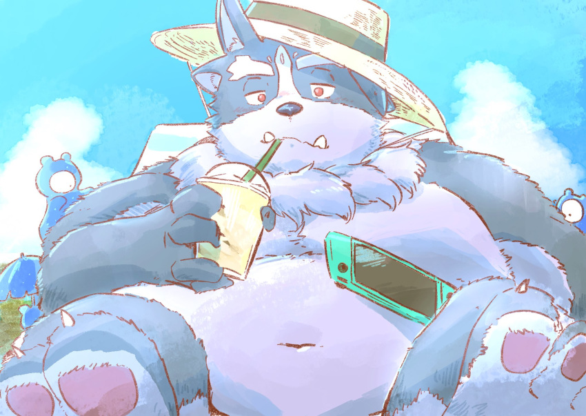 2019 anthro belly clothing hat headgear headwear hi_res humanoid_hands male moobs navel outside overweight overweight_male phone sawch_cls tokyo_afterschool_summoners tsathoggua video_games