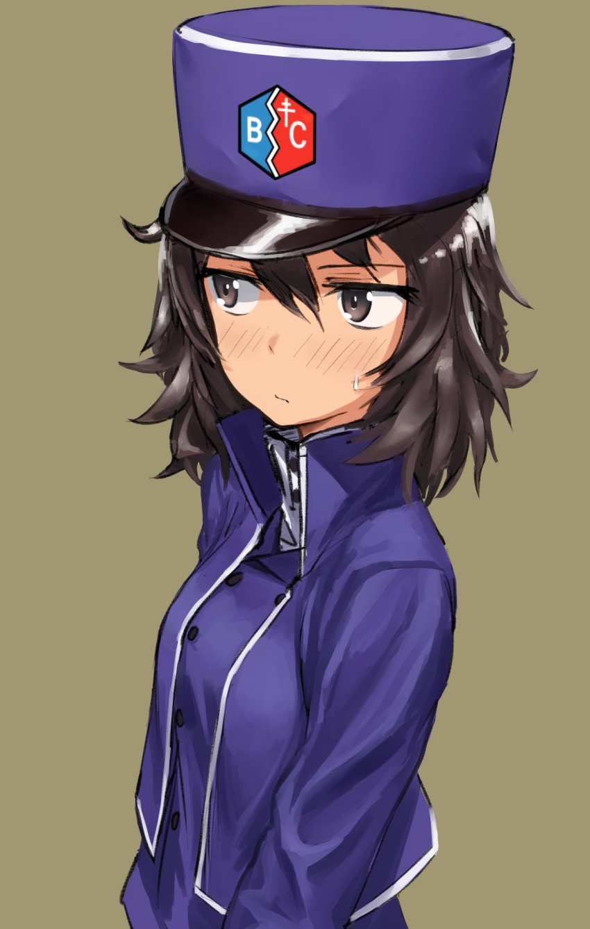 1girl andou_(girls_und_panzer) bangs bc_freedom_(emblem) bc_freedom_military_uniform black_hair blue_headwear blue_jacket blue_vest blush brown_background dark_skin emblem fankupl girls_und_panzer hat high_collar highres jacket long_sleeves looking_to_the_side medium_hair messy_hair military military_uniform shako_cap simple_background solo sweatdrop uniform vest