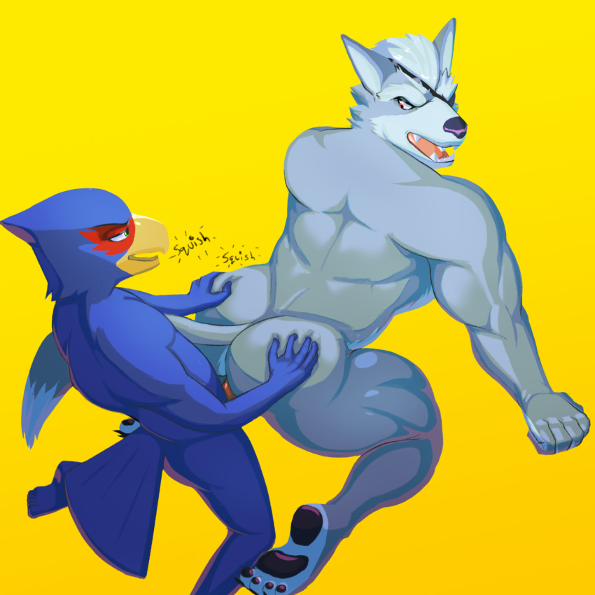 1:1 2019 anthro avian bird butt canid canine canis digital_media_(artwork) duo erection falco_lombardi fur hi_res jrjresq larger_male male male/male mammal muscular nintendo nude open_mouth penetration penis sex simple_background size_difference small_dom_big_sub smaller_male star_fox video_games wolf wolf_o'donnell