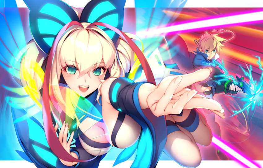 aliasing azure_striker_gunvolt blonde_hair braids breasts fan green_eyes gun gunvolt long_hair ribbons shoken_narai tagme_(character) thighhighs weapon