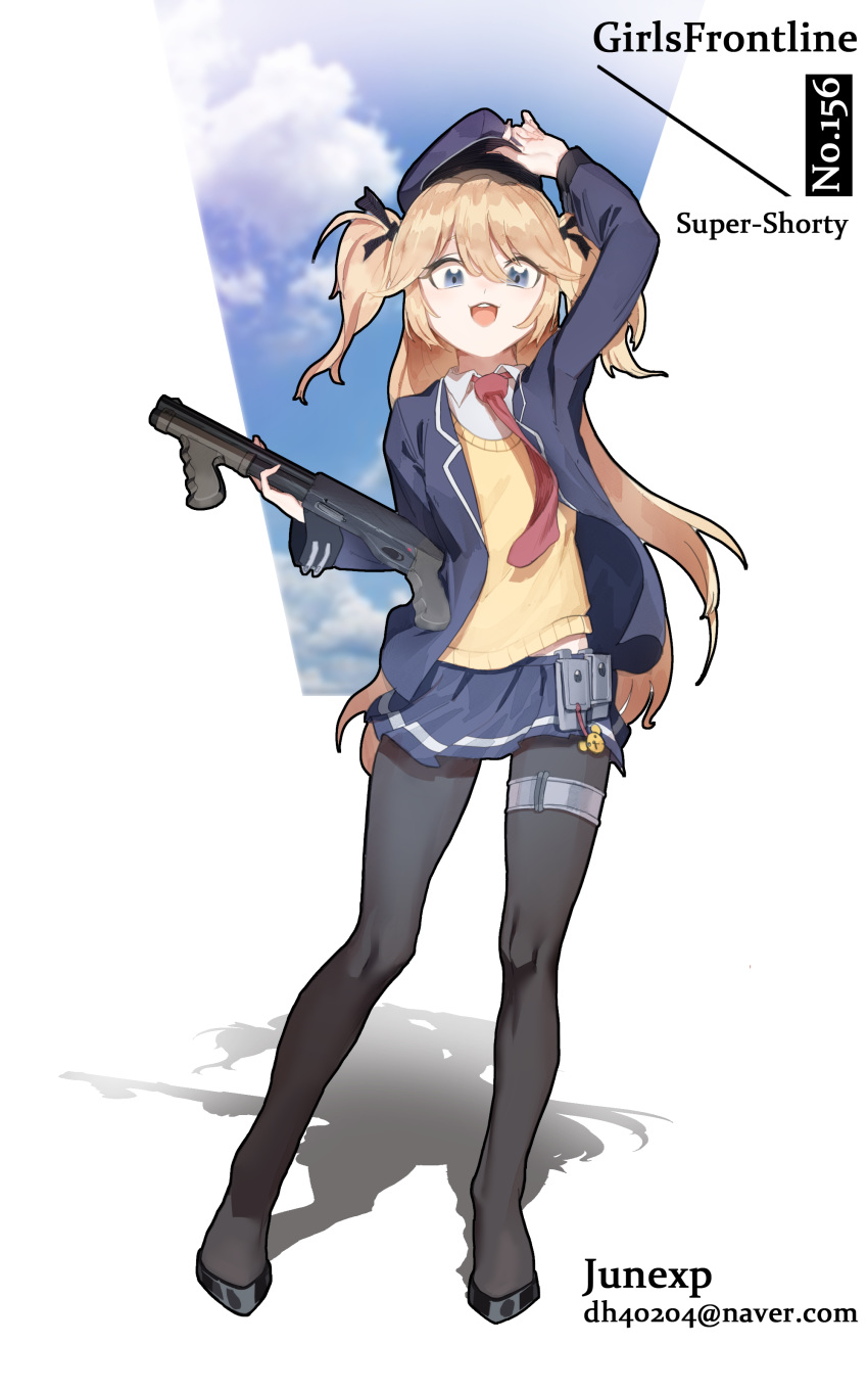 1girl absurdres artist_name bangs black_footwear black_legwear blonde_hair blue_eyes blue_jacket character_name collared_shirt commentary english_commentary full_body girls_frontline gun hair_between_eyes hat highres holding holding_gun holding_weapon jacket junexp long_hair looking_at_viewer military_hat necktie open_mouth pantyhose red_neckwear shadow shirt shotgun smile solo standing super_shorty_(girls_frontline) sweater thigh_strap two_side_up very_long_hair weapon yellow_sweater