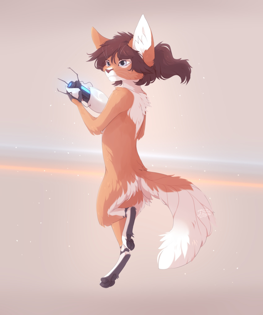 2019 4_toes anthro brown_fur brown_hair chell digital_media_(artwork) digitigrade domestic_cat felid feline felis female feral feralized fur hair hi_res mammal nude portal_(series) portal_gun reysi solo toes valve video_games whiskers