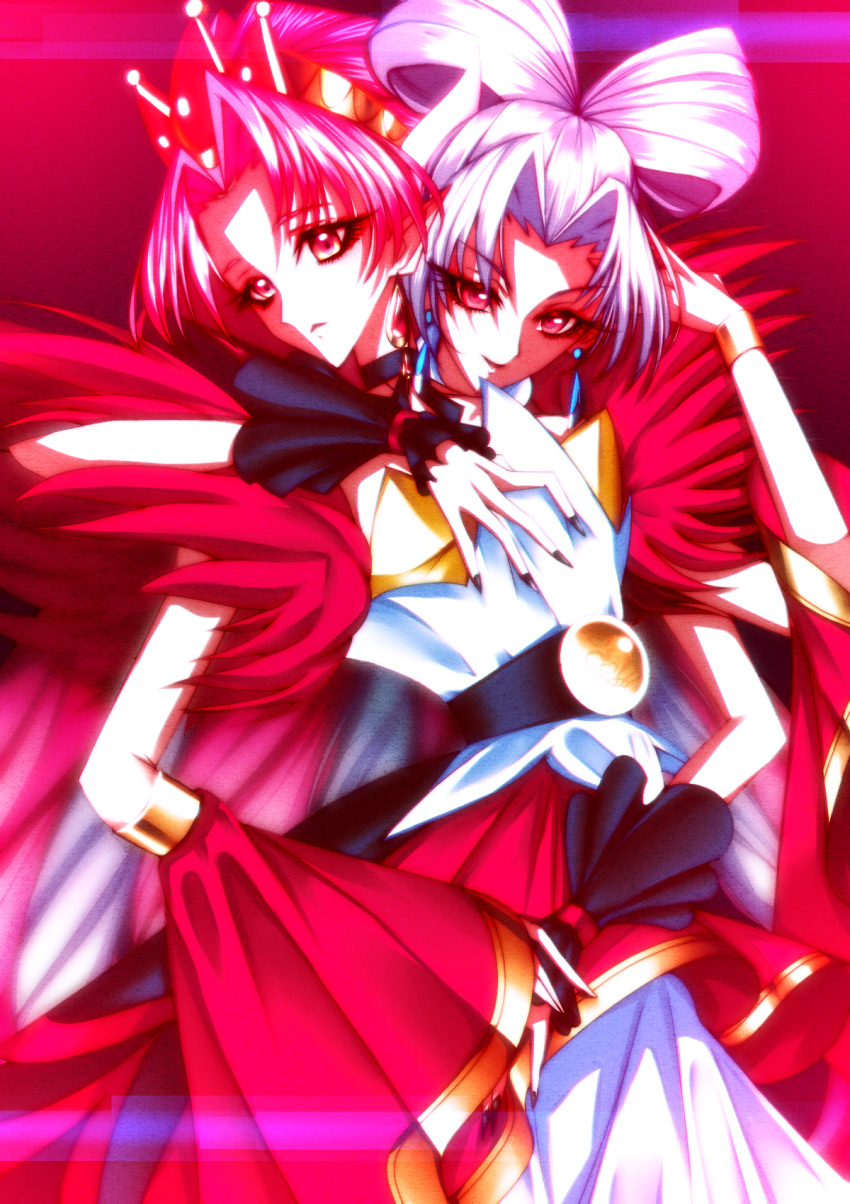 2girls akagi_towa albino bangs black_nails black_neckwear choker cowboy_shot cure_scarlet detached_sleeves dress dual_persona earrings fingernails go!_princess_precure highres jewelry kooun_no_ryuusei_zero long_fingernails long_hair looking_at_viewer looking_to_the_side magical_girl multiple_girls parted_bangs pink_background pink_hair precure red_eyes red_sleeves shiny shiny_hair smile twilight_(go!_princess_precure) white_hair wrist_cuffs