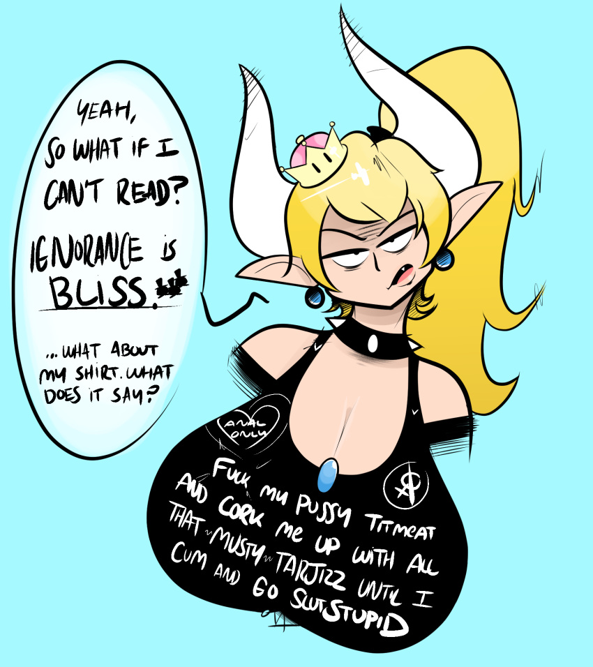 big_breasts bowsette_meme breasts cleavage clothed clothing crown female hi_res humanoid mario_bros nintendo not_furry ota_(artist) shirt solo super_crown tank_top topwear video_games