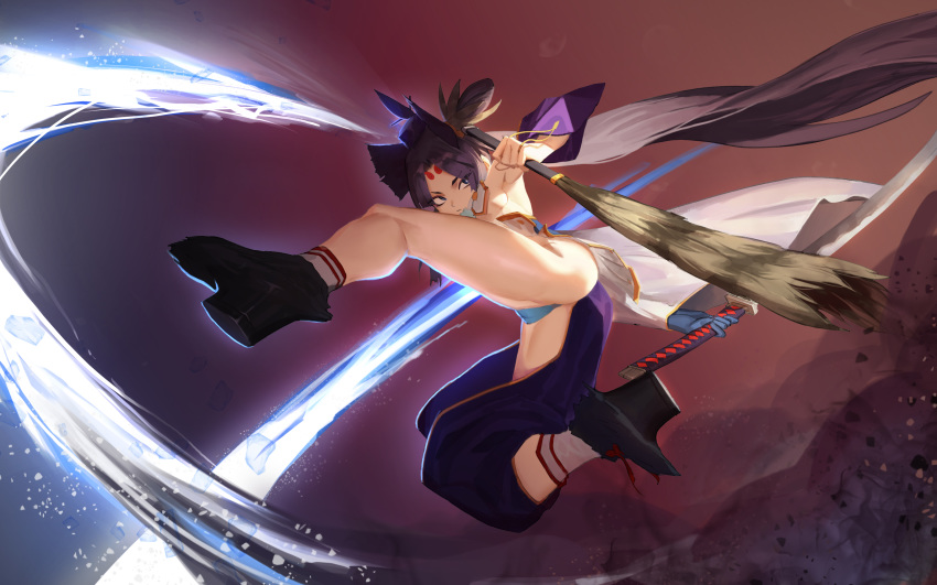 1girl absurdres ankle_socks armpits ass asymmetrical_clothes asymmetrical_legwear bangs black_hair blue_eyes blue_gloves blue_panties breasts commentary detached_sleeves english_commentary fate/grand_order fate_(series) from_below geta gloves hat highres holding holding_sheath holding_sword holding_weapon jumping junexp katana long_hair long_ponytail looking_to_the_side panties parted_bangs sheath side_ponytail sideboob single_glove solo sword tate_eboshi tengu-geta thighs toned underwear ushiwakamaru_(fate/grand_order) very_long_hair weapon