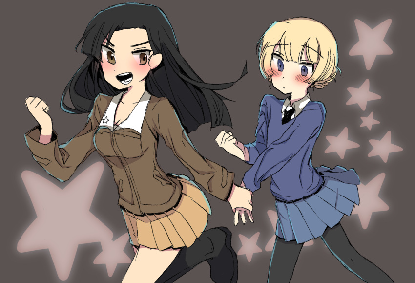 2girls aaru_(kerogero1582) bangs black_hair blonde_hair blue_eyes blue_sweater blunt_bangs blush boots braid breasts brown_background chi-hatan_military_uniform cleavage collarbone darjeeling french_braid girls_und_panzer hand_up highres holding_hands long_hair looking_at_another multiple_girls necktie nishi_kinuyo open_mouth pantyhose pleated_skirt school_uniform simple_background skirt smile st._gloriana's_school_uniform star sweater teeth thighs tied_hair tongue yellow_skirt yuri