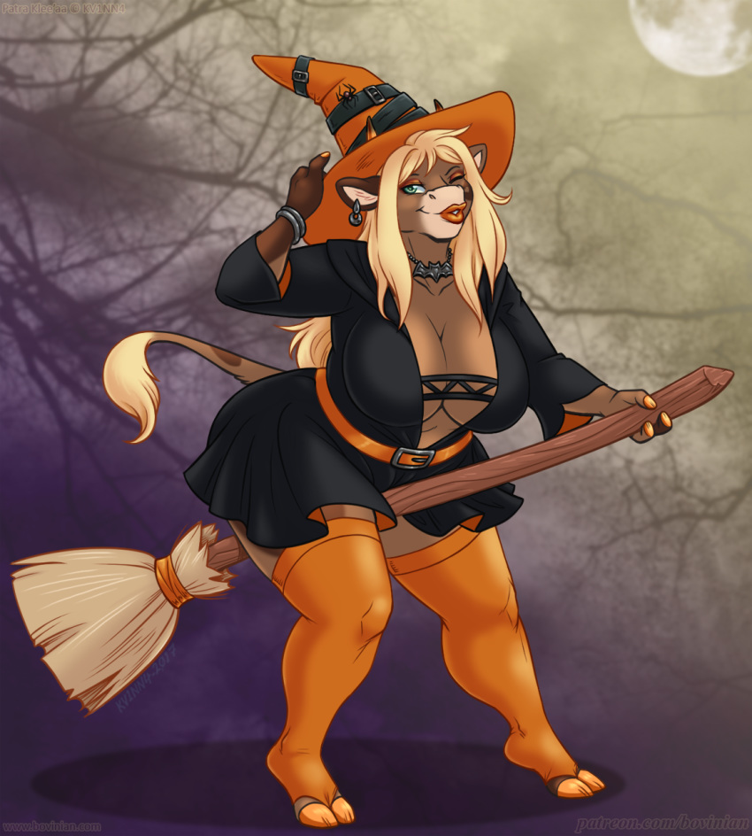 anthro big_breasts bovid bovine breasts broom cleavage clothed clothing costume female halloween hi_res holidays huge_breasts jewelry legwear magic_user mammal necklace one_eye_closed patra_klee'aa thigh_highs vkyrie voluptuous wink witch