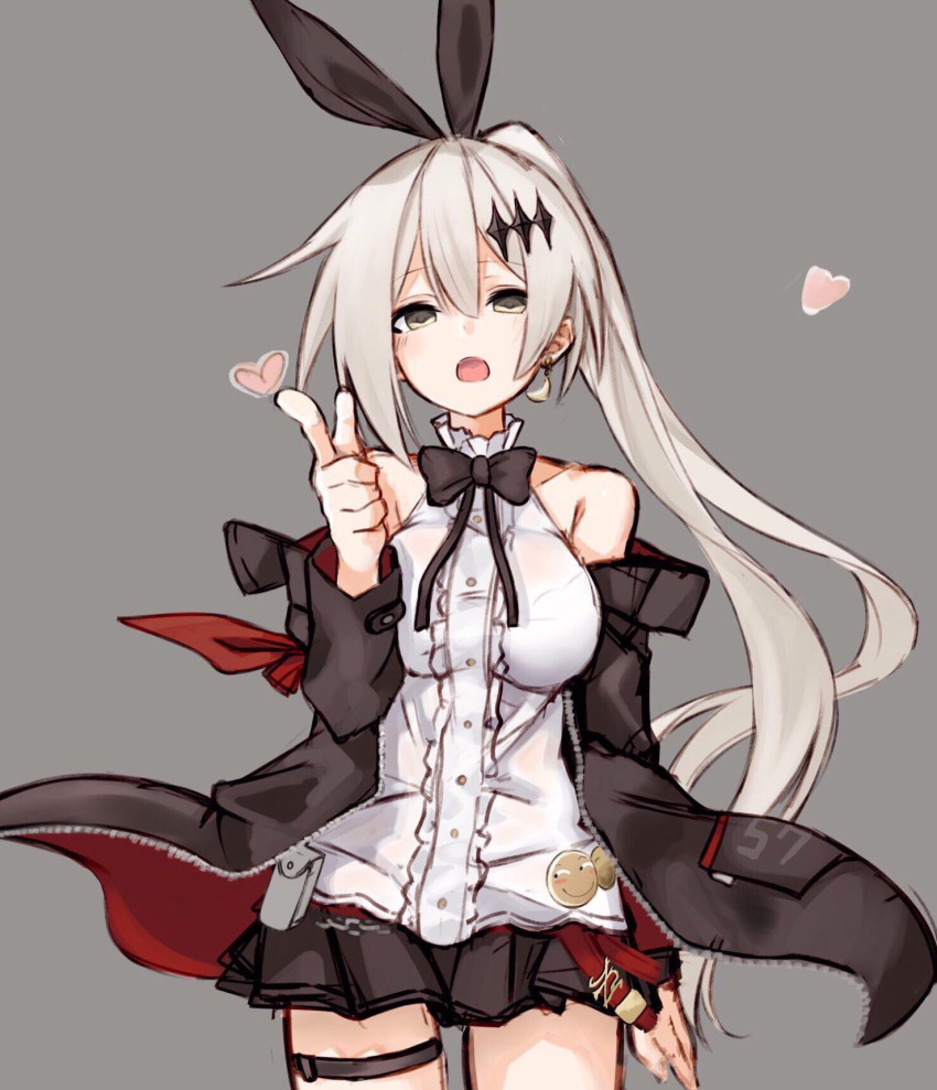 1girl arm_at_side bangs bare_shoulders black_jacket black_skirt bow breasts commentary cowboy_shot crescent crescent_earrings earrings finger_gun five-seven_(girls_frontline) frilled_shirt frilled_shirt_collar frills fuyono_neru girls_frontline grey_background hair_between_eyes hair_ornament hair_ribbon heart highres jacket jewelry looking_at_viewer medium_breasts miniskirt off_shoulder open_mouth pleated_skirt ponytail ribbon shirt silver_hair simple_background skirt sleeveless sleeveless_shirt solo standing yellow_eyes