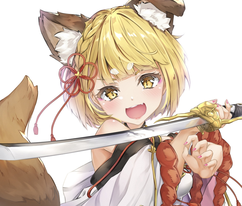 animal_ears blonde_hair blush braids close cropped doggirl fang granblue_fantasy hyouta_(yoneya) japanese_clothes katana short_hair sword tail vajra_(granblue_fantasy) weapon white yellow_eyes