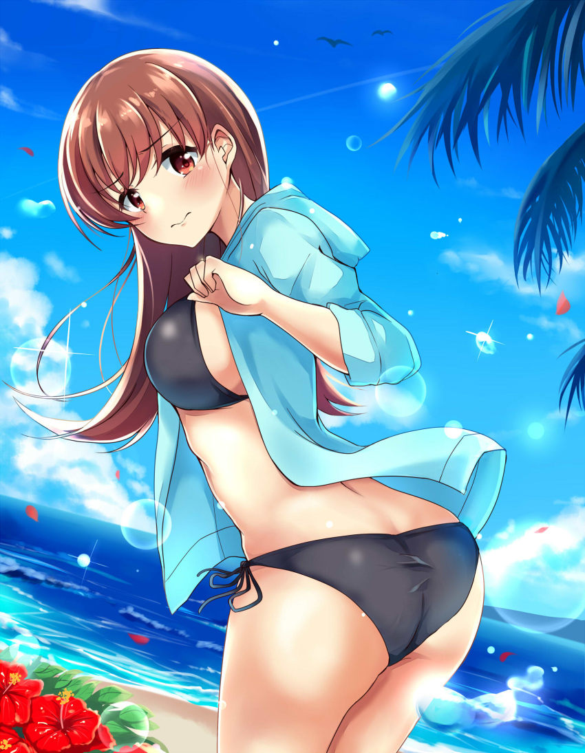 1girl alternate_costume ass bangs beach bikini bird blue_sky blush breasts brown_eyes brown_hair closed_mouth commentary_request day eyebrows_visible_through_hair flower from_behind hair_between_eyes highres jacket kantai_collection large_breasts long_hair looking_at_viewer looking_back ocean ooi_(kantai_collection) outdoors petals seagull side-tie_bikini sky solo soramuko standing swimsuit