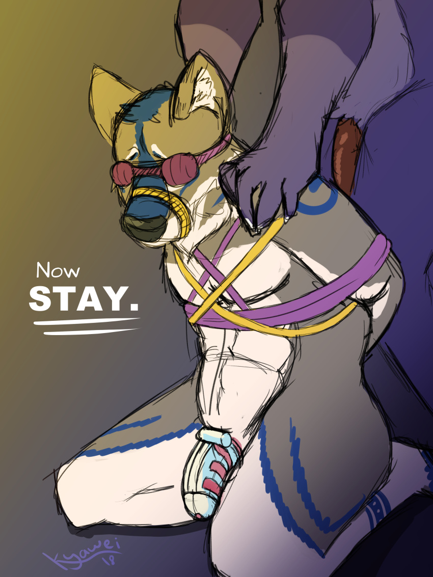 2018 3:4 absurd_res anthro bdsm bondage bound canid canine canis chastity_cage chastity_device digital_media_(artwork) fur hi_res kyawei male mammal nude penis simple_background wolf