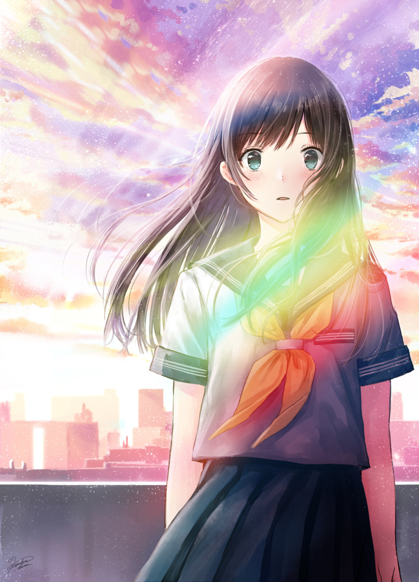 1girl black_hair blurry blush city cloud colorful commentary depth_of_field embarrassed green_eyes highres kazuharu_kina lens_flare light light_particles light_rays long_hair open_mouth original rainbow rooftop school_uniform serafuku signature sky solo sunlight sunset surprised uniform wings