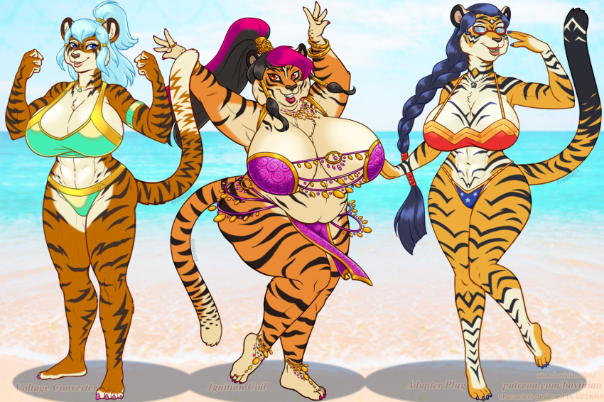 abs anthro beach big_breasts bikini breasts chest_tuft cleavage clothed clothing felid female group hi_res mammal overweight pantherine seaside swimwear tiger tuft vkyrie wide_hips