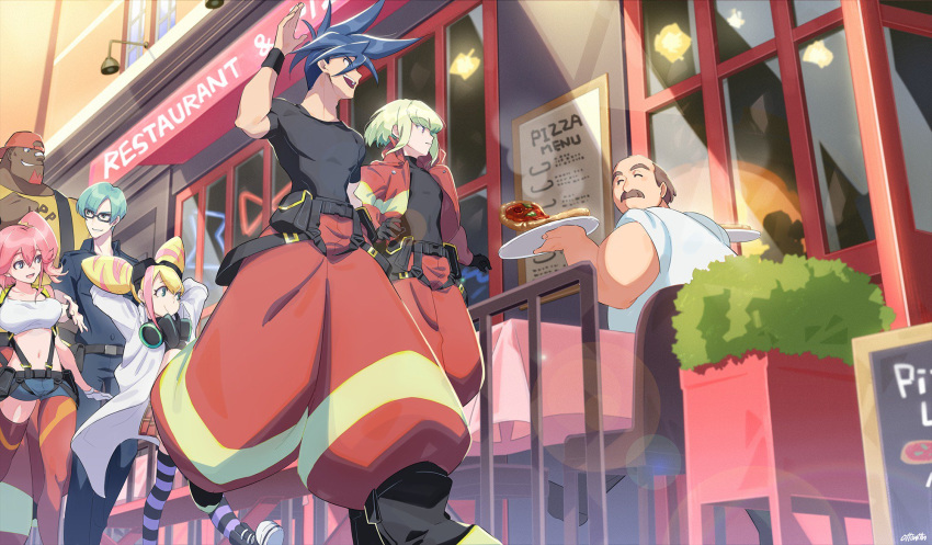 aina_ardebit baggy_pants bikini_top blonde_hair blue_eyes blue_hair chair closed_eyes double_bun firefighter food galo_thymos gloves goggles highres jacket labcoat lio_fotia long_hair lucia_fex midriff multicolored_hair open_mouth ottonttn outdoors pants pink_hair pizza plant promare remi_puguna restaurant short_hair shorts side_ponytail smile spiked_hair striped striped_legwear suspenders table thighhighs two-tone_hair varys_truss walking waving window