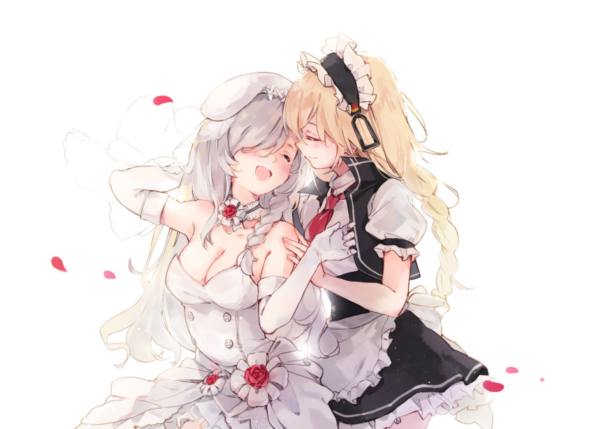 2girls apron bangs bare_shoulders blonde_hair braid breasts bridal_veil bride choker cleavage closed_eyes commentary_request dress elbow_gloves g36_(girls_frontline) g36c_(girls_frontline) girls_frontline gloves hair_over_one_eye hat large_breasts long_hair maid_apron maid_headdress multiple_girls necktie open_mouth petals red_neckwear rose_petals shuzi siblings side_braid silver_hair simple_background sisters smile strapless strapless_dress tears veil very_long_hair waist_apron wedding_dress white_apron white_background white_dress white_gloves yuri