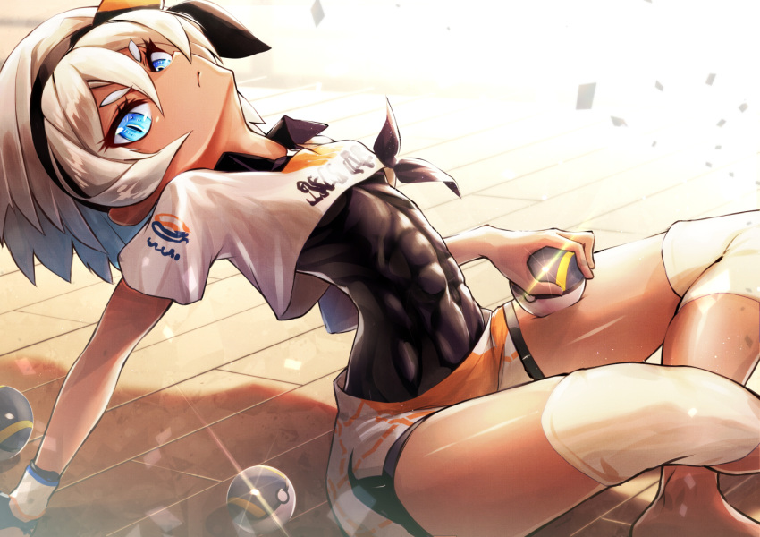 1girl abs barefoot blue_eyes bodysuit_under_clothes breasts cluseller covered_navel dark_skin feet gloves grey_hair hairband half-closed_eyes knee_pads looking_at_viewer midriff poke_ball pokemon pokemon_(game) pokemon_swsh saitou_(pokemon) short_hair short_shorts short_sleeves shorts sitting skin_tight small_breasts solo sparkle thighs toned ultra_ball underboob wooden_floor wristband