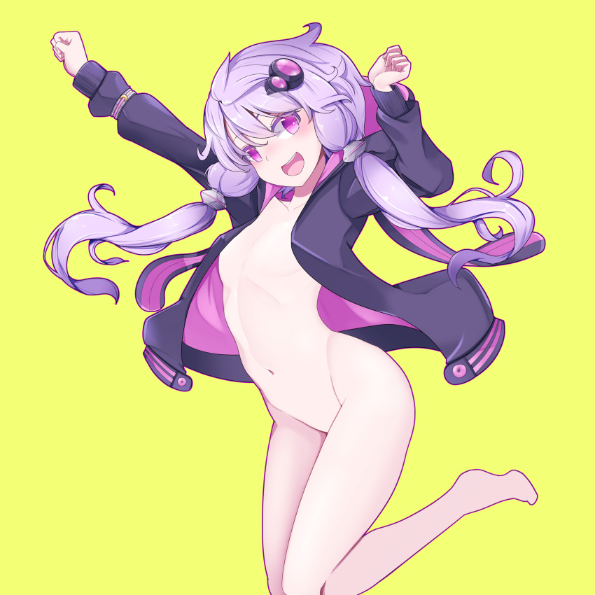 1girl absurdres bangs blush bottomless breasts commentary_request eyebrows_visible_through_hair hair_ornament highres jacket long_hair long_sleeves looking_at_viewer naked_coat pon_(shind_997) purple_eyes purple_hair purple_jacket short_hair_with_long_locks simple_background small_breasts smile solo twintails vocaloid voiceroid yellow_background yuzuki_yukari