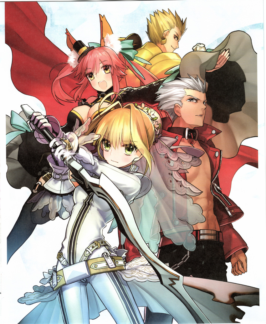 2boys 2girls aestus_estus ahoge animal_ear_fluff animal_ears archer armor bangs belt blonde_hair bodysuit bow breasts bridal_veil brown_eyes chain cleavage collar dark_skin dark_skinned_male earrings eyebrows_visible_through_hair fate/extra fate/extra_ccc fate_(series) flower fox_ears fox_tail gilgamesh gloves green_eyes hair_ribbon highres holding holding_sword holding_weapon jacket jewelry large_breasts long_hair long_sleeves looking_at_viewer medium_breasts multiple_boys multiple_girls nero_claudius_(bride)_(fate) nero_claudius_(fate)_(all) no_shirt official_art open_mouth pink_hair red_eyes ribbon scan short_hair smile sword tail tamamo_(fate)_(all) veil wada_aruko weapon white_gloves white_hair wide_sleeves yellow_eyes zipper