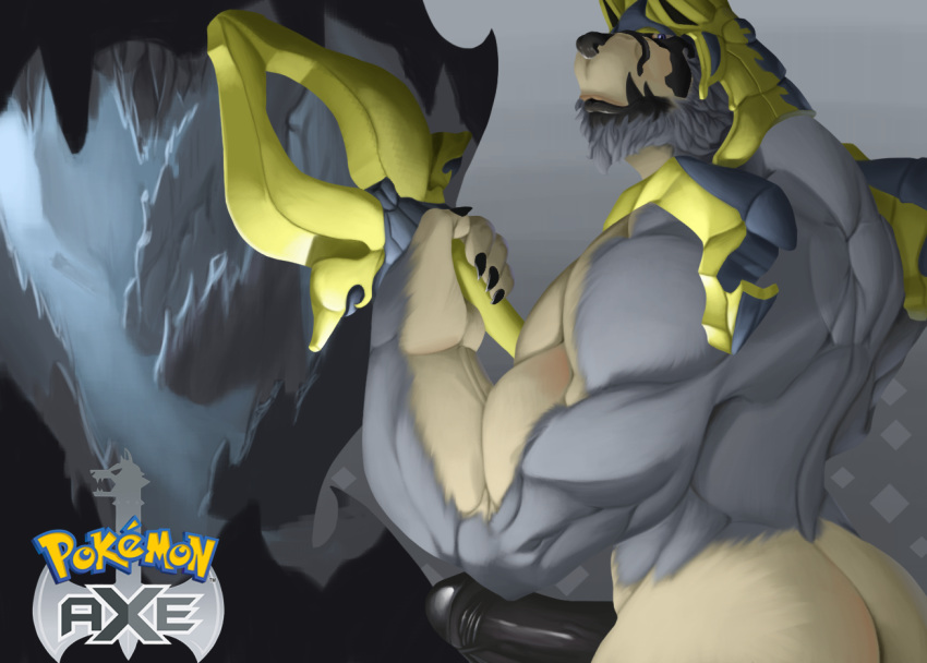 2019 anthro anthrofied armor axe beard black_nose black_penis blue_eyes bulge butt canid canine cave detailed_background facial_hair fak&eacute;mon fur grey_fur hamili legendary_pok&eacute;mon looking_at_viewer male mammal melee_weapon muscular muscular_male nails nintendo penis pok&eacute;mon pok&eacute;mon_(species) pok&eacute;morph solo video_games weapon