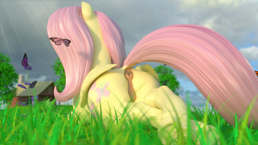 16:9 2019 3d_(artwork) anatomically_correct anatomically_correct_anus anatomically_correct_pussy animal_genitalia animal_pussy anus arthropod butt butterfly clopician cloud cutie_mark digital_media_(artwork) dock equid equine equine_pussy female feral fluttershy_(mlp) friendship_is_magic grass hi_res insect landscape lepidopteran lying mammal my_little_pony on_front outside patreon pterippus pussy rear_view sky solo wings