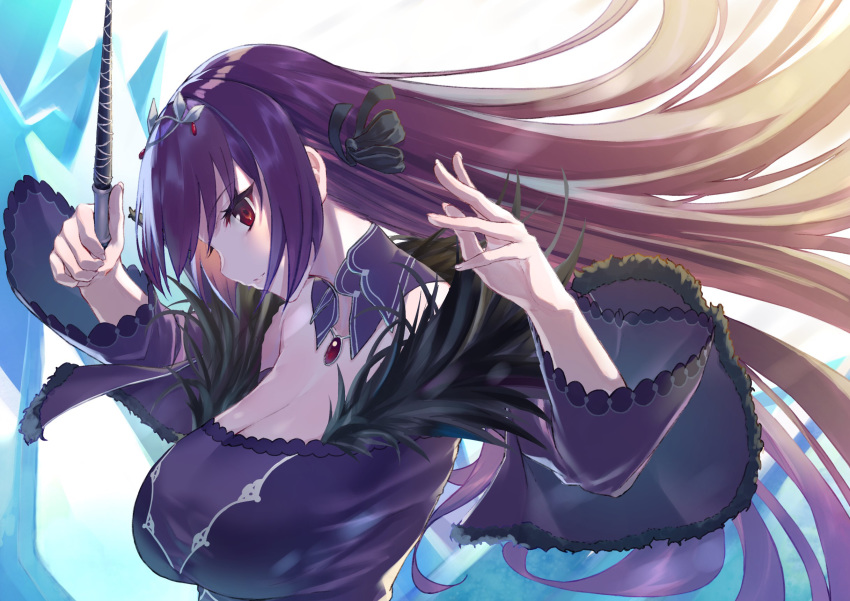 1girl arms_up bangs breasts cleavage commentary crystal dress fate/grand_order fate_(series) feather_trim fingernails hair_ribbon headpiece highres holding holding_wand large_breasts looking_at_viewer purple_dress purple_hair red_eyes ribbon scathach_(fate)_(all) scathach_skadi_(fate/grand_order) smile solo takubon_(xewh4773) tiara wand wide_sleeves