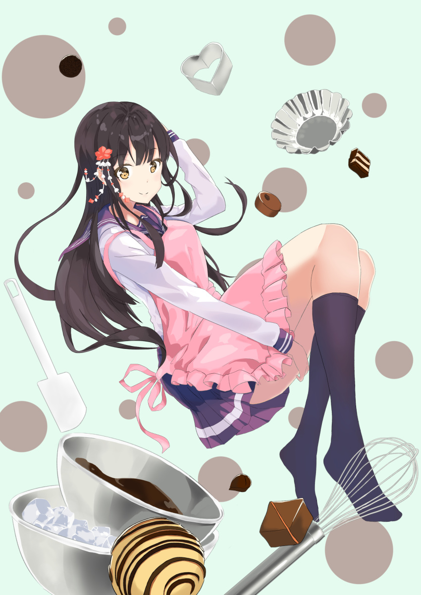 1girl absurdres apron bangs black_hair black_legwear blue_skirt character_request chocolate commentary_request copyright_request flower full_body hair_flower hair_ornament highres ice kneehighs long_hair long_sleeves looking_at_viewer okaki_wtvc3785 pink_apron pleated_skirt red_flower school_uniform shirt skirt smile solo tagme valentine white_shirt yellow_eyes